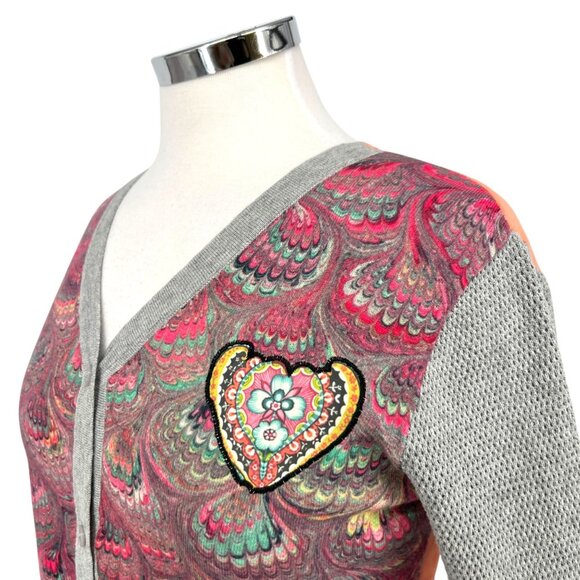 Desigual Printed Cardigan Heart Accent Sweater Sheer Back Size Medium - Picture 3 of 10